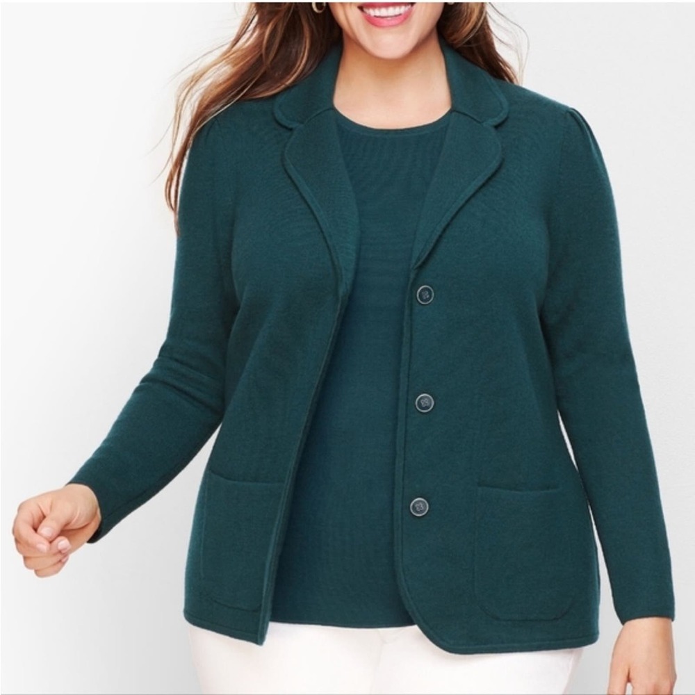 Talbots Teal Comfy Cozy Office Pure Merino Wool Sweater Blazer Knit Jacket
